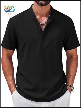 Men's Short Sleeve Henley Shirt Band Collar Summer Beach Tee